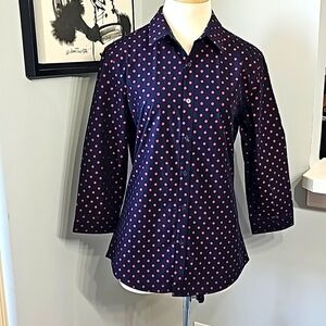 Peacebirt women's navy blue shirt red dots button down. Size large. Great fabric